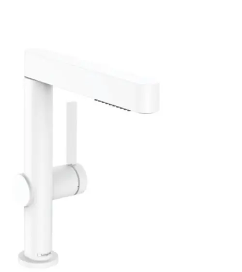 Weißer Einhebel-Waschtischmischer mit Ausziehbrause, gerade Form und seitlichem Hebel. Hansgrohe-Design, geeignet für moderne Badezimmer.